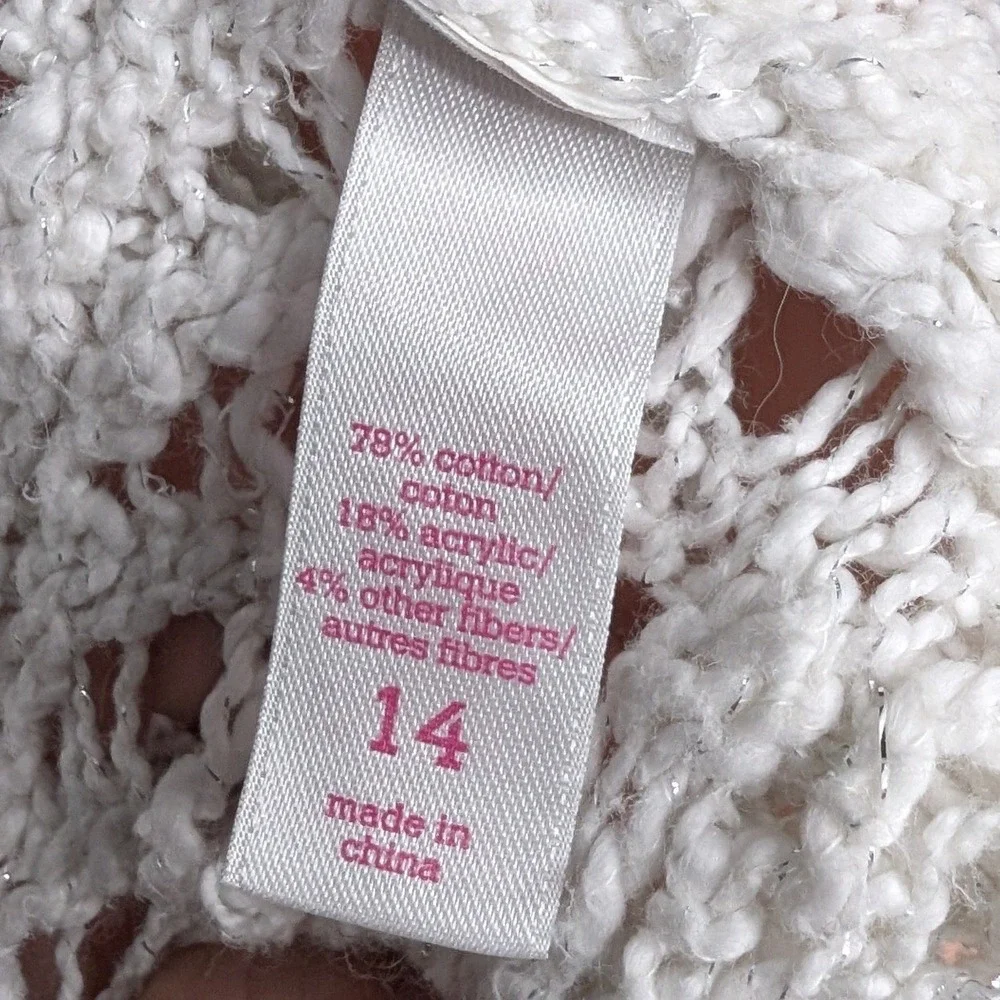 Justice White Open Knit Crochet Cardigan Girls 14 Waterfall Short Sleeve Shrug